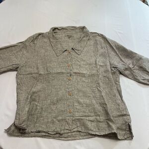 FLAX Oversized Button Up 100% Linen Top Blouse Shirt Brown Women's Size Large